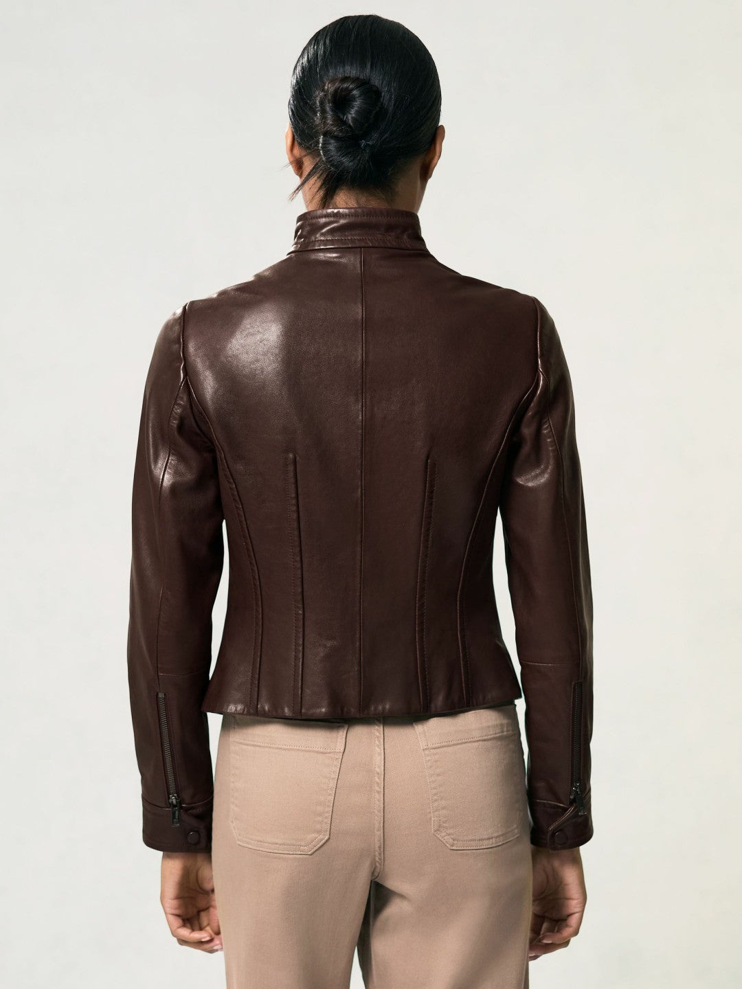 Fitted Leather Biker Jacket in Burgundy | Reiss Women Recommended
