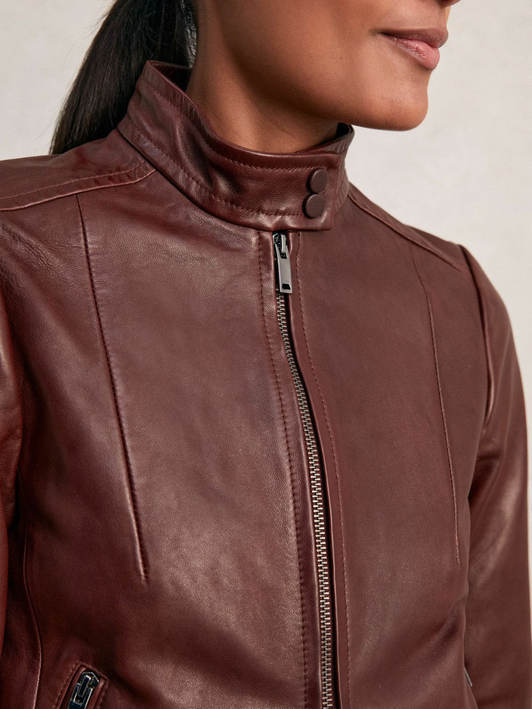 Fitted Leather Biker Jacket in Burgundy | Reiss Women Recommended