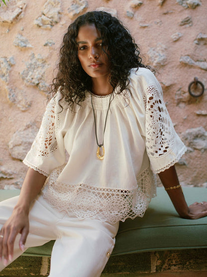 Linen Embroidered Swing Top in Ivory | Reiss Women Popular