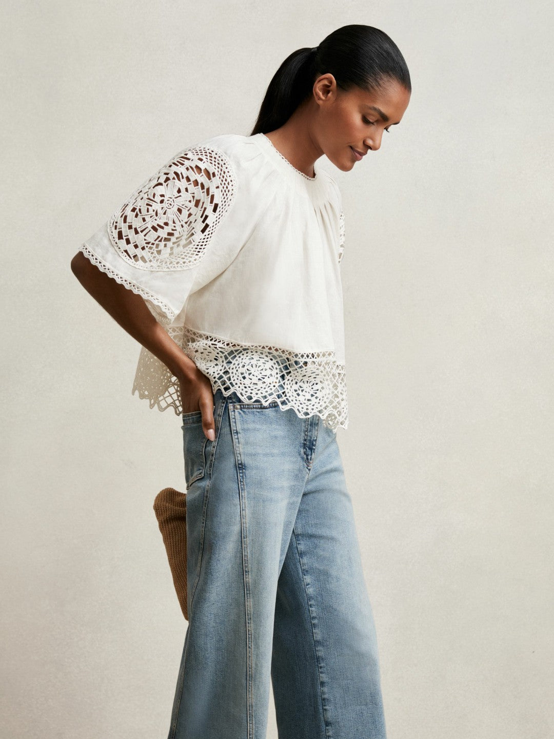 Linen Embroidered Swing Top in Ivory | Reiss Women Popular