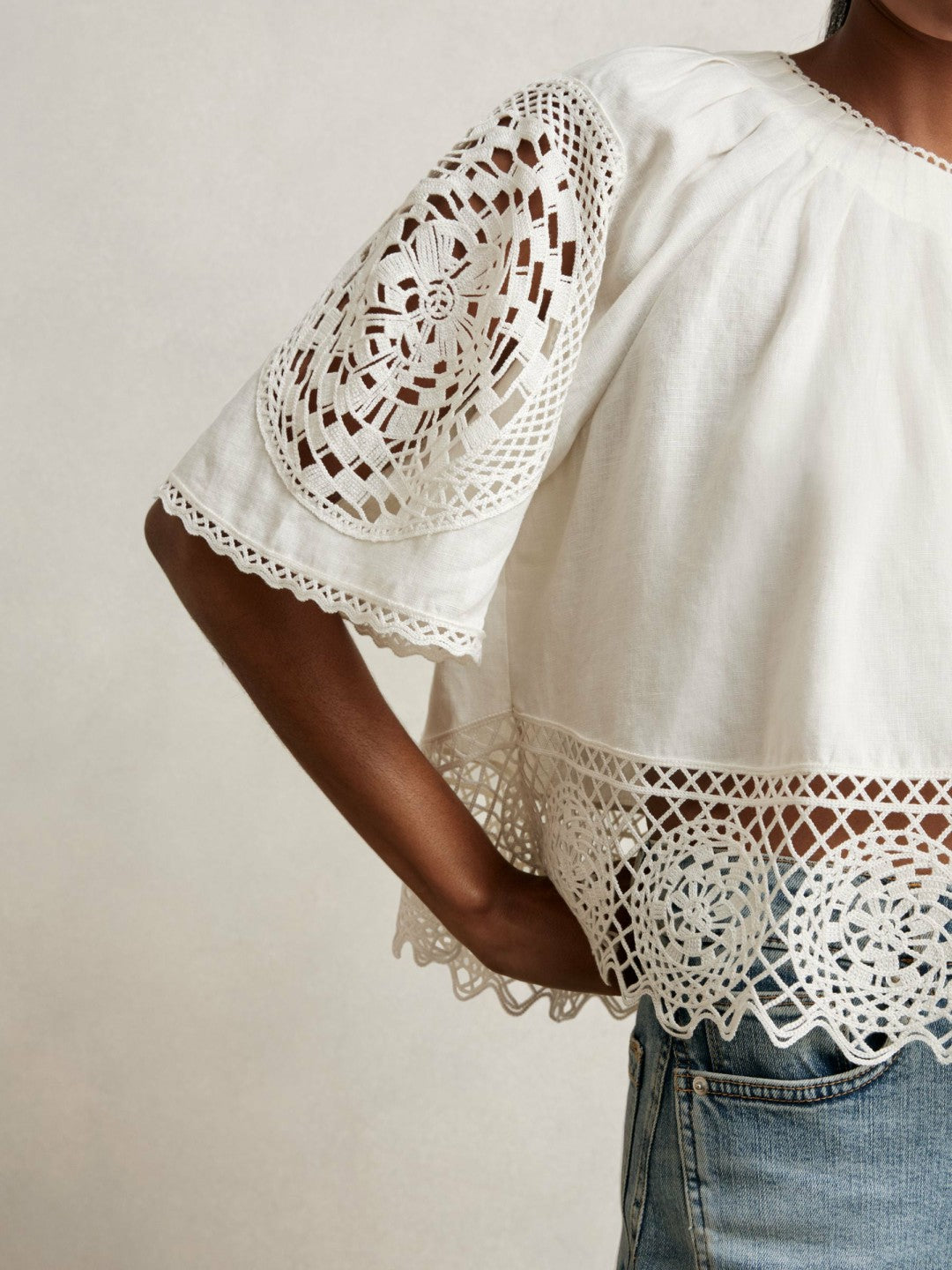 Linen Embroidered Swing Top in Ivory | Reiss Women Popular