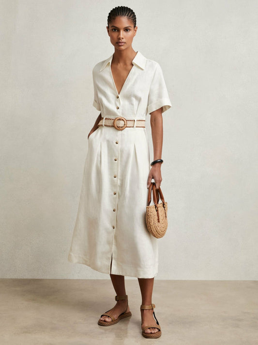 Petite Linen Belted Midi Shirt Dress in Ivory | Reiss Women Featured