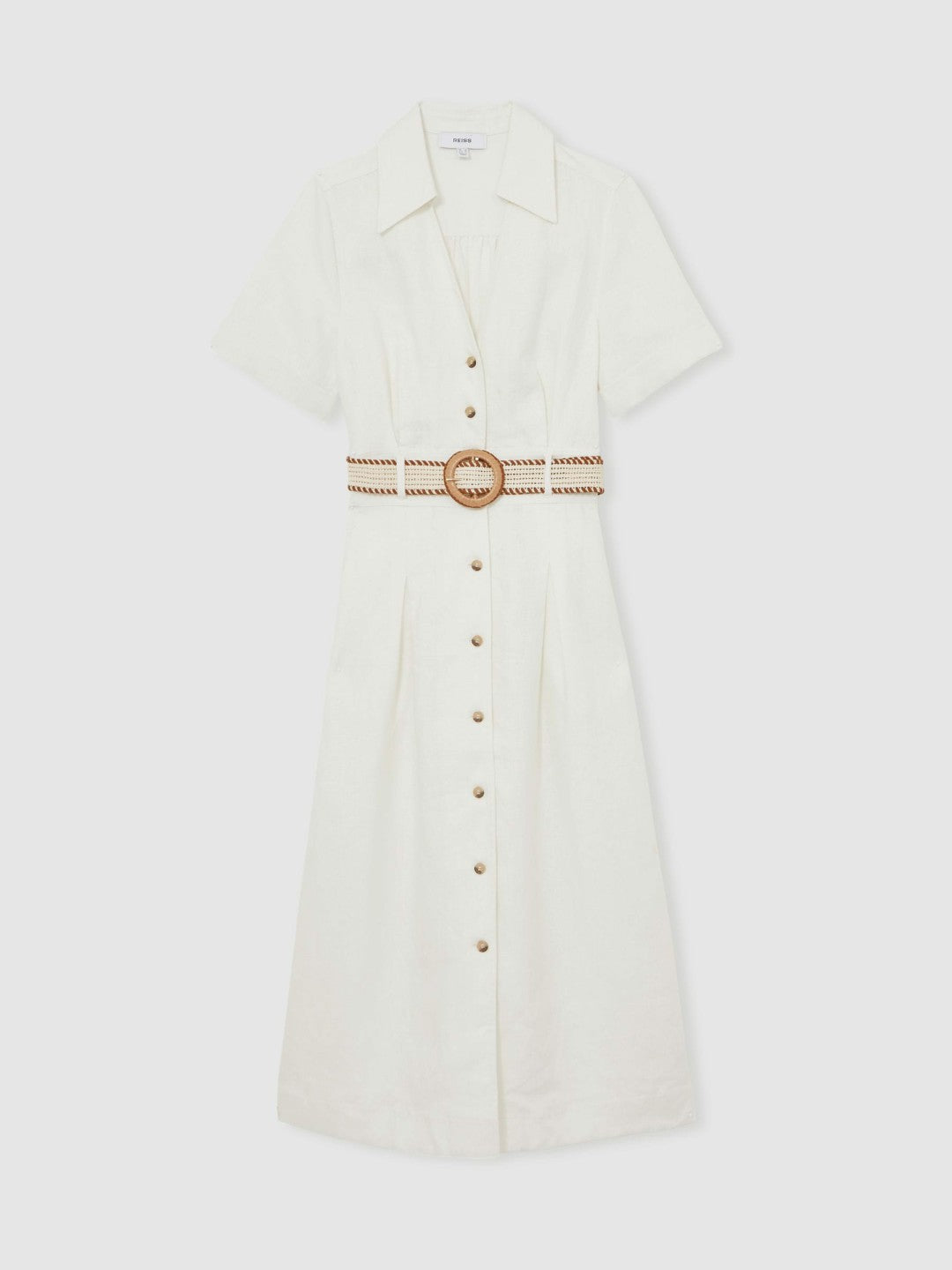 Petite Linen Belted Midi Shirt Dress in Ivory | Reiss Women Featured