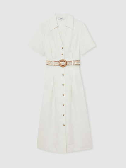 Petite Linen Belted Midi Shirt Dress in Ivory | Reiss Women Featured