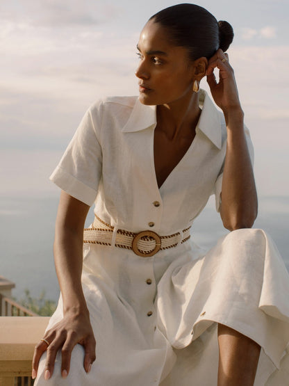 Petite Linen Belted Midi Shirt Dress in Ivory | Reiss Women Featured