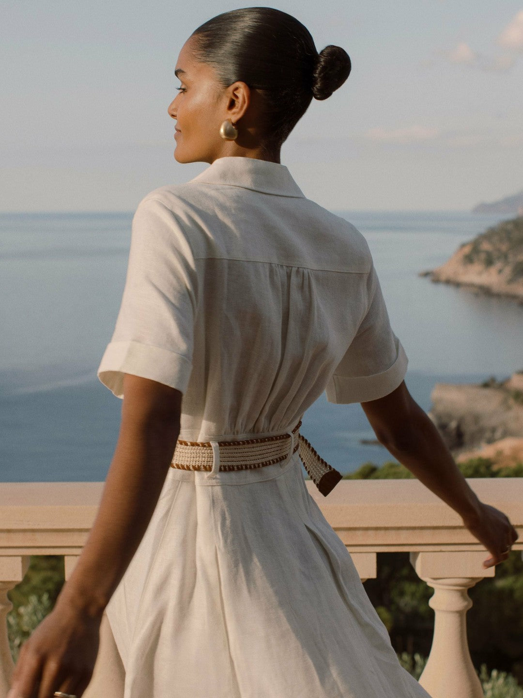 Petite Linen Belted Midi Shirt Dress in Ivory | Reiss Women Featured