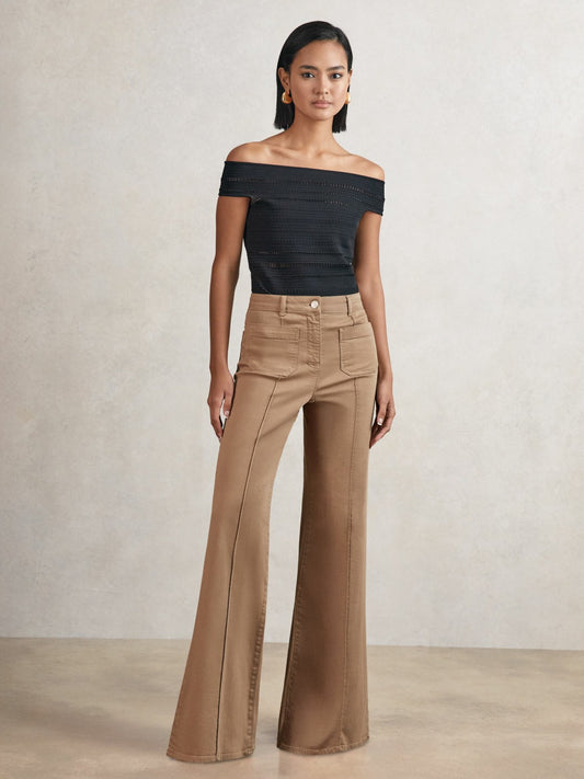 Petite Patch-Pocket Flared Jeans in Taupe Neutral | Reiss Women Premium