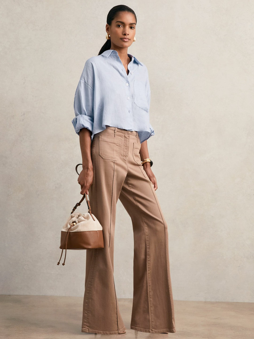 Oversize Linen Cropped Shirt in Blue | Reiss Women Premium