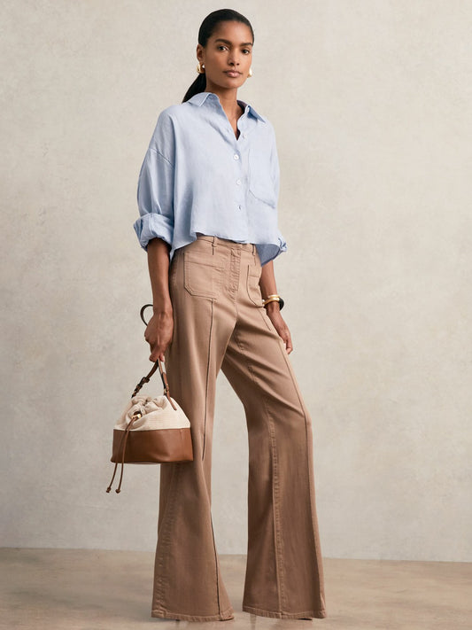 Oversize Linen Cropped Shirt in Blue | Reiss Women Premium