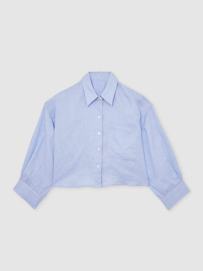 Oversize Linen Cropped Shirt in Blue | Reiss Women Premium
