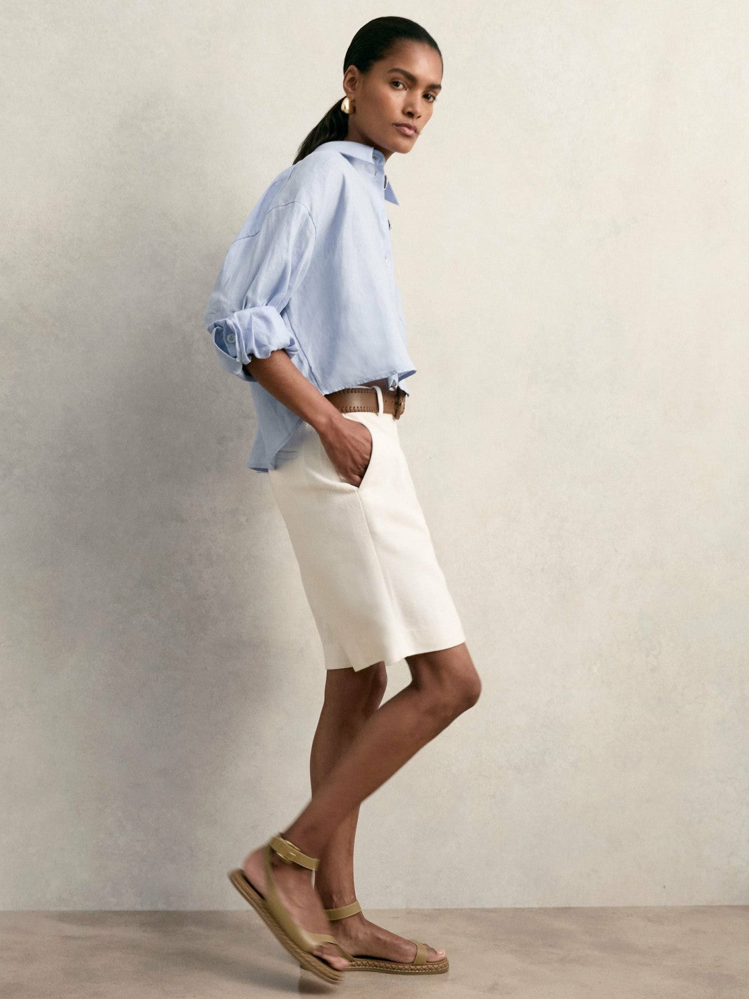 Oversize Linen Cropped Shirt in Blue | Reiss Women Premium