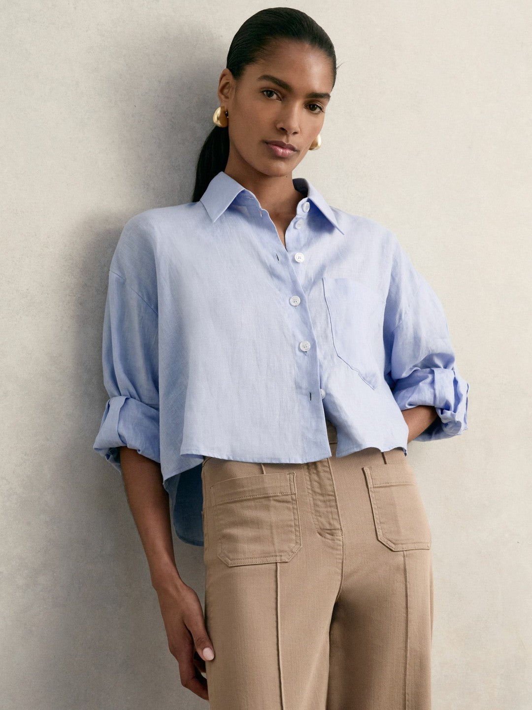 Oversize Linen Cropped Shirt in Blue | Reiss Women Premium