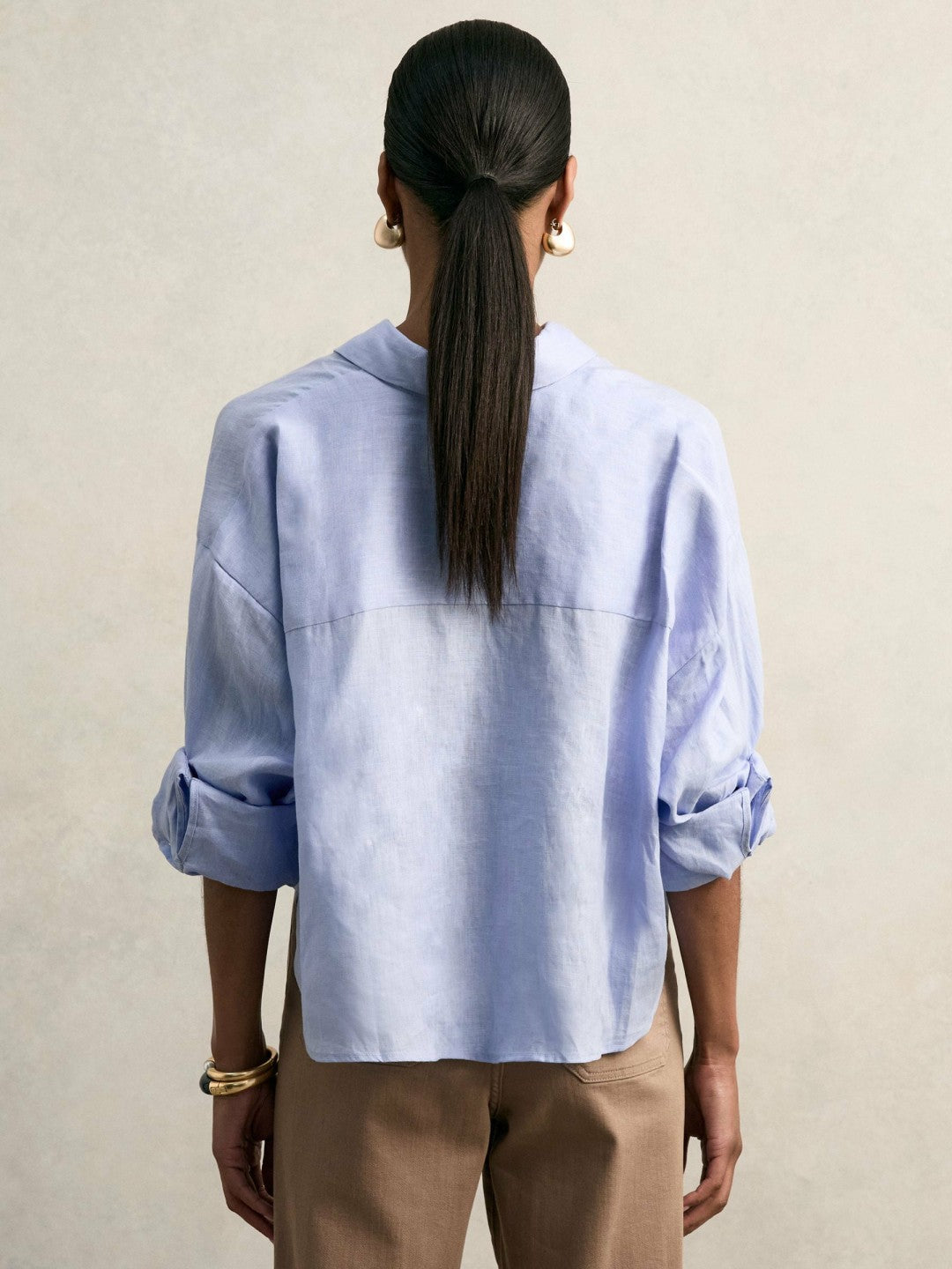Oversize Linen Cropped Shirt in Blue | Reiss Women Premium