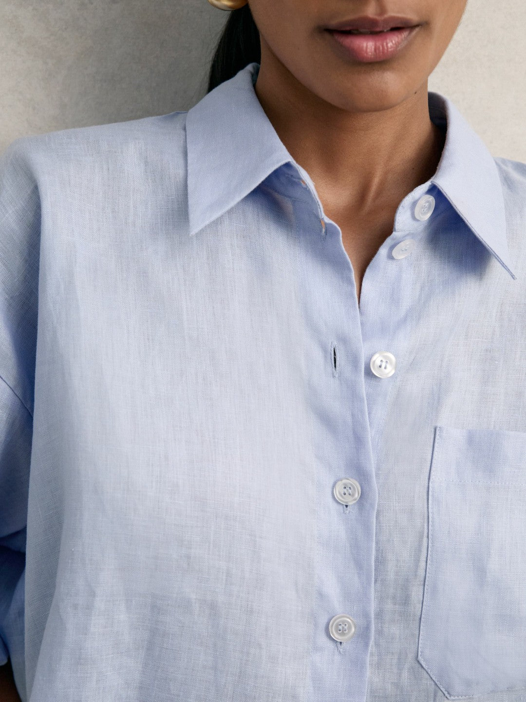 Oversize Linen Cropped Shirt in Blue | Reiss Women Premium