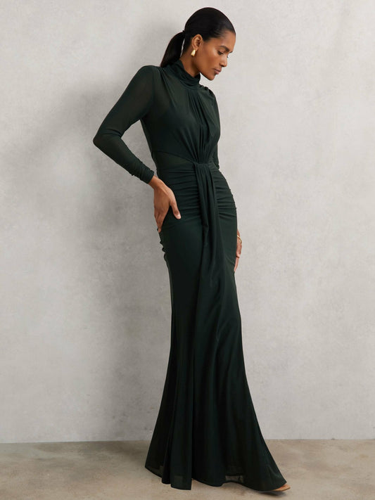 Ruched Long-Sleeve Maxi Dress in Dark Green | Reiss Women New