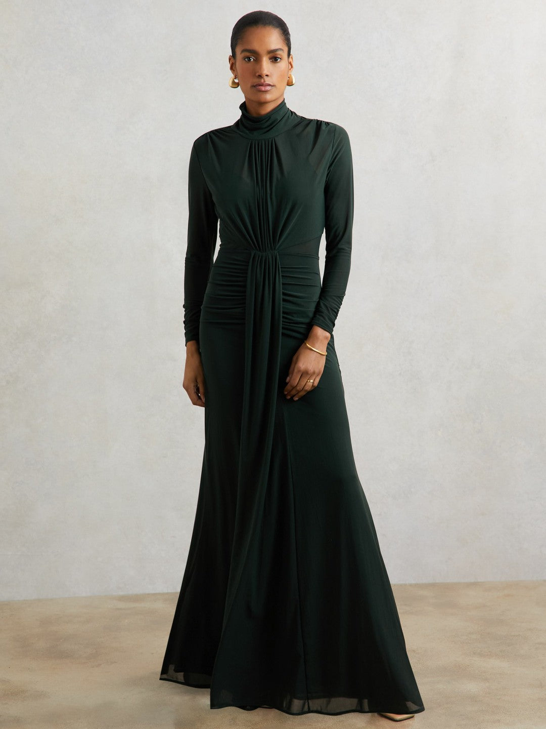 Ruched Long-Sleeve Maxi Dress in Dark Green | Reiss Women New