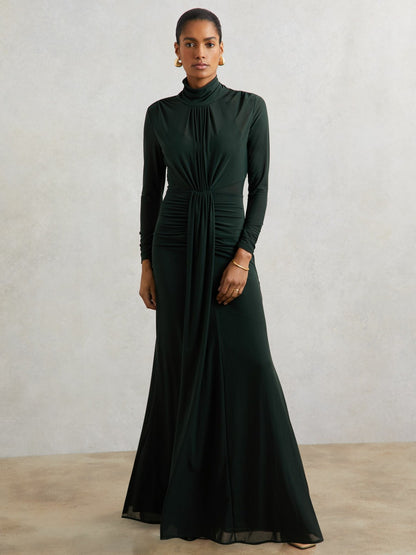 Ruched Long-Sleeve Maxi Dress in Dark Green | Reiss Women New