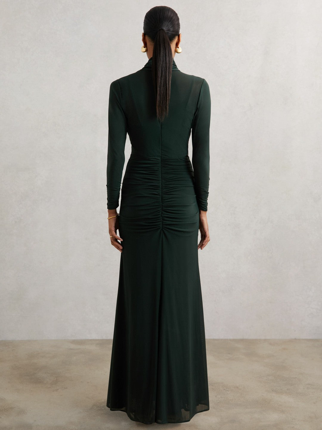 Ruched Long-Sleeve Maxi Dress in Dark Green | Reiss Women New