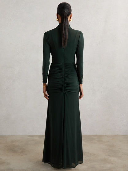 Ruched Long-Sleeve Maxi Dress in Dark Green | Reiss Women New