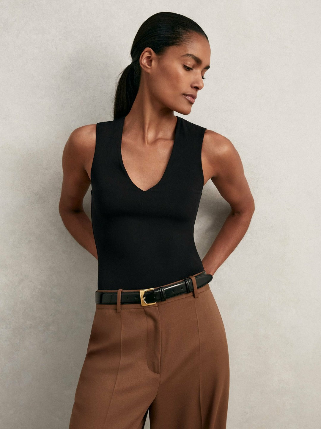 V-Neck Sleeveless Bodysuit in Black | Reiss Women Featured