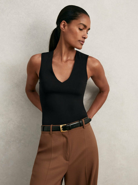 V-Neck Sleeveless Bodysuit in Black | Reiss Women Featured