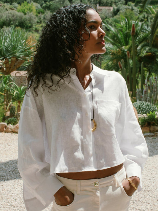 Oversize Linen Cropped Shirt in White | Reiss Women Trending
