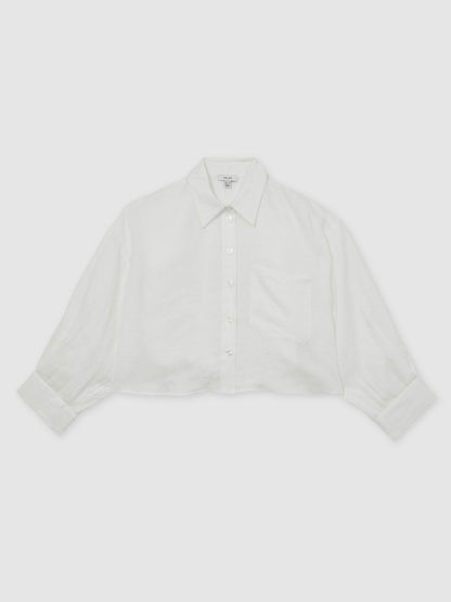 Oversize Linen Cropped Shirt in White | Reiss Women Trending