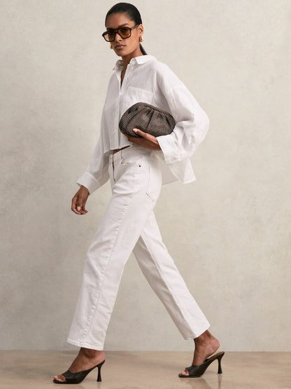 Oversize Linen Cropped Shirt in White | Reiss Women Trending