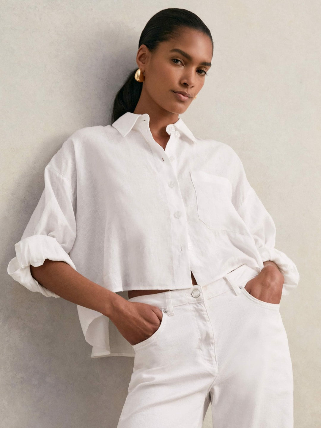 Oversize Linen Cropped Shirt in White | Reiss Women Trending
