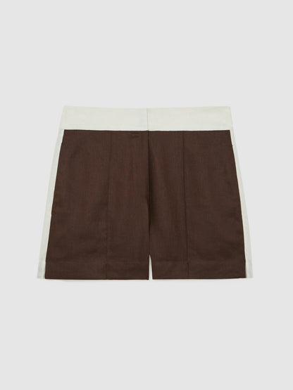 Linen Colourblock Shorts in Chocolate/Cream | Reiss Women Featured