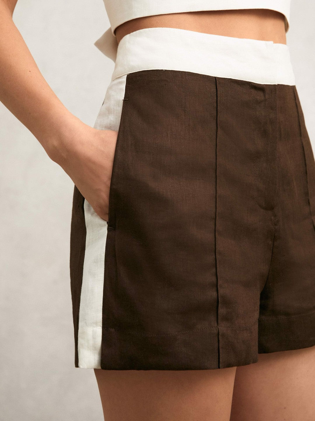 Linen Colourblock Shorts in Chocolate/Cream | Reiss Women Featured