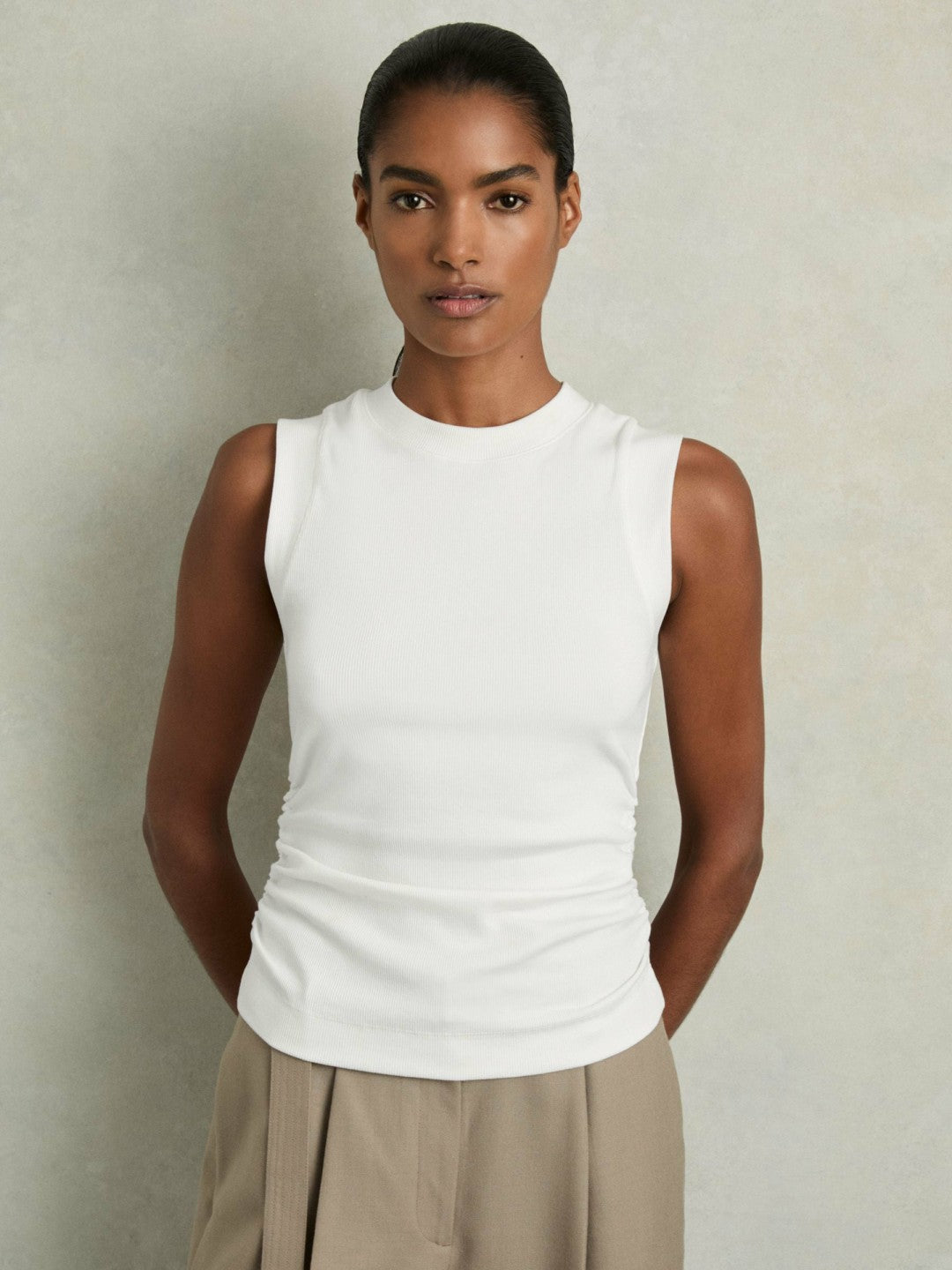 Ribbed Ruched Waist Vest in White | Reiss Women Trending
