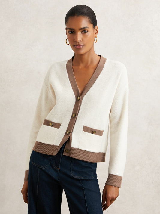 Wool Colourblock Cardigan in Cream/Neutral | Reiss Women Premium