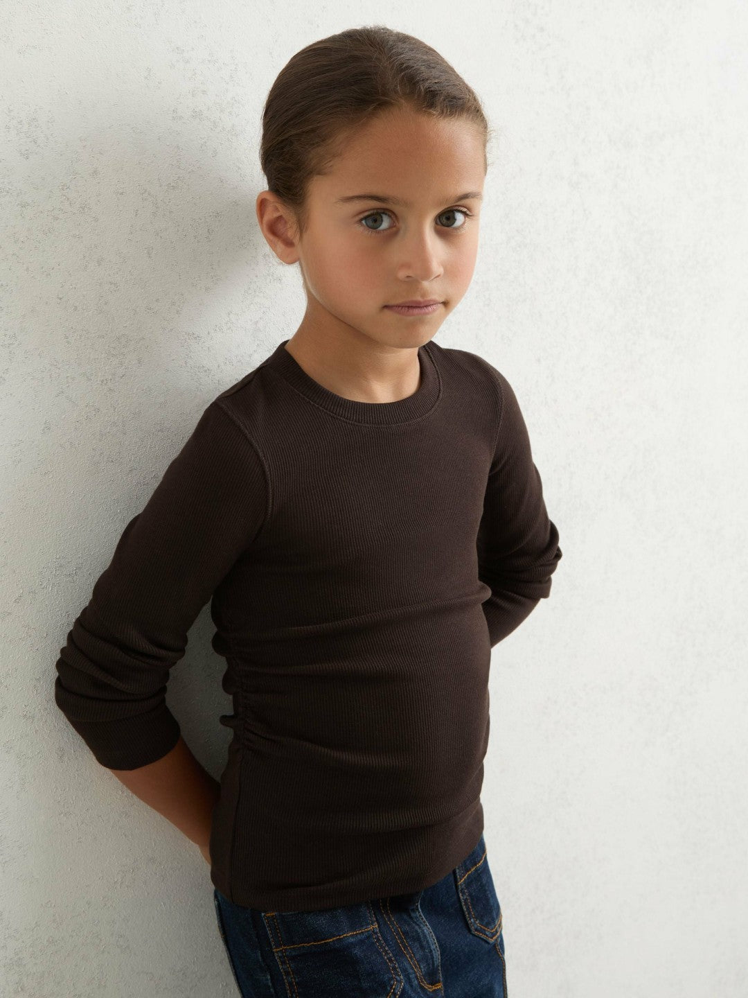 4-9 yrs Cotton Ruched Long-Sleeve T-Shirt with Stretch in Chocolate | Reiss Children & Baby Featured