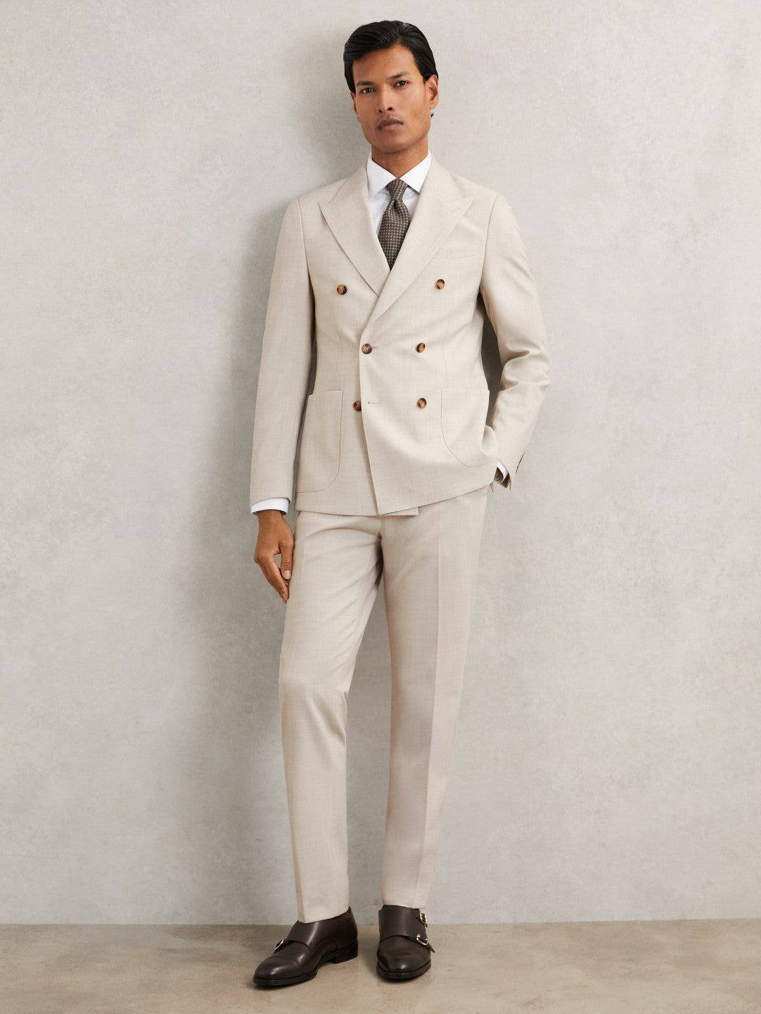 Slim-Fit Textured Suit Trousers With Wool in Stone | Reiss Men New