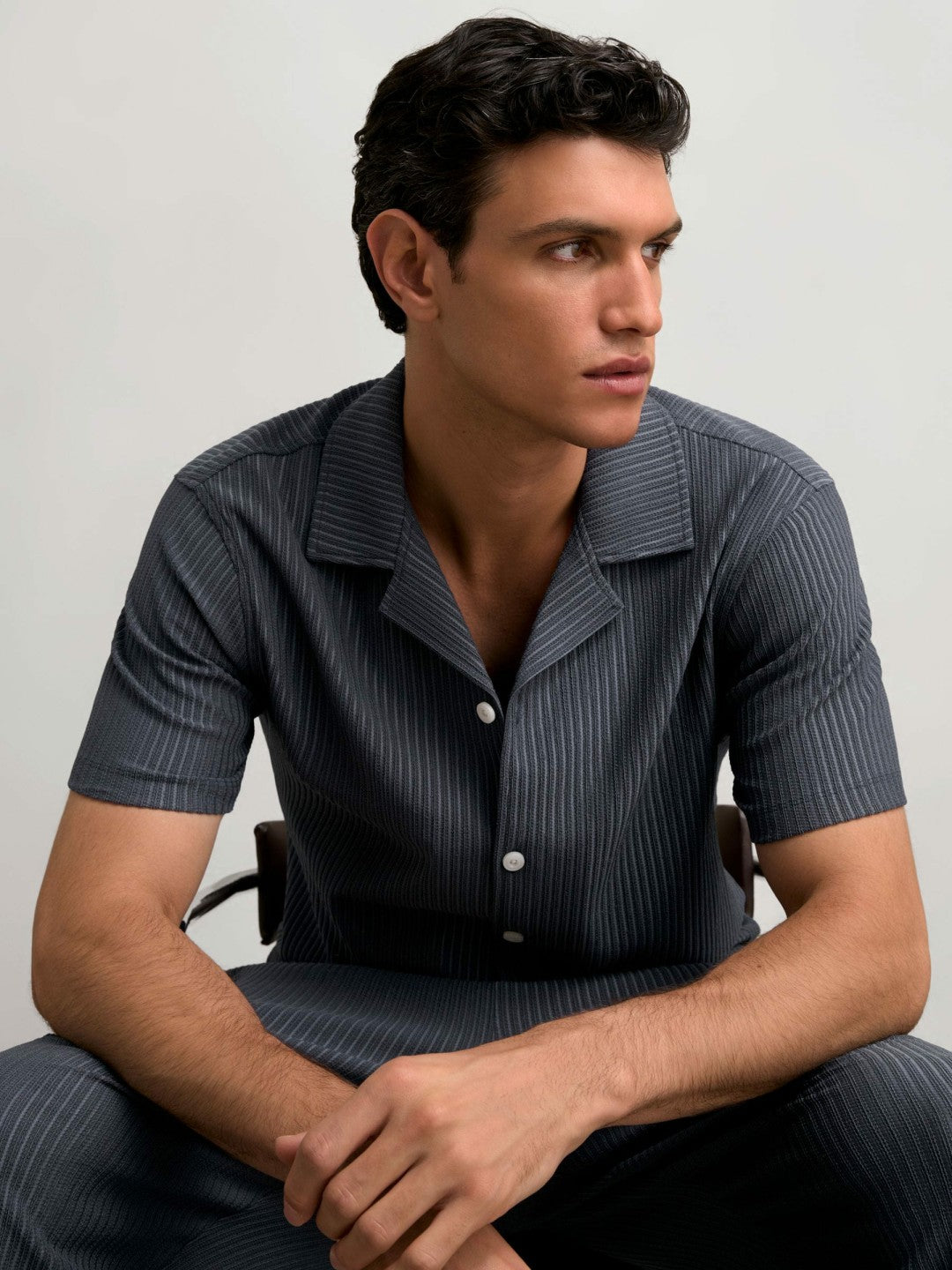 Textured-Stripe Cuban-Collar Shirt in Petrol Blue | Reiss Men Signature