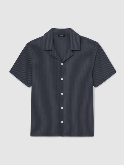 Textured-Stripe Cuban-Collar Shirt in Petrol Blue | Reiss Men Signature