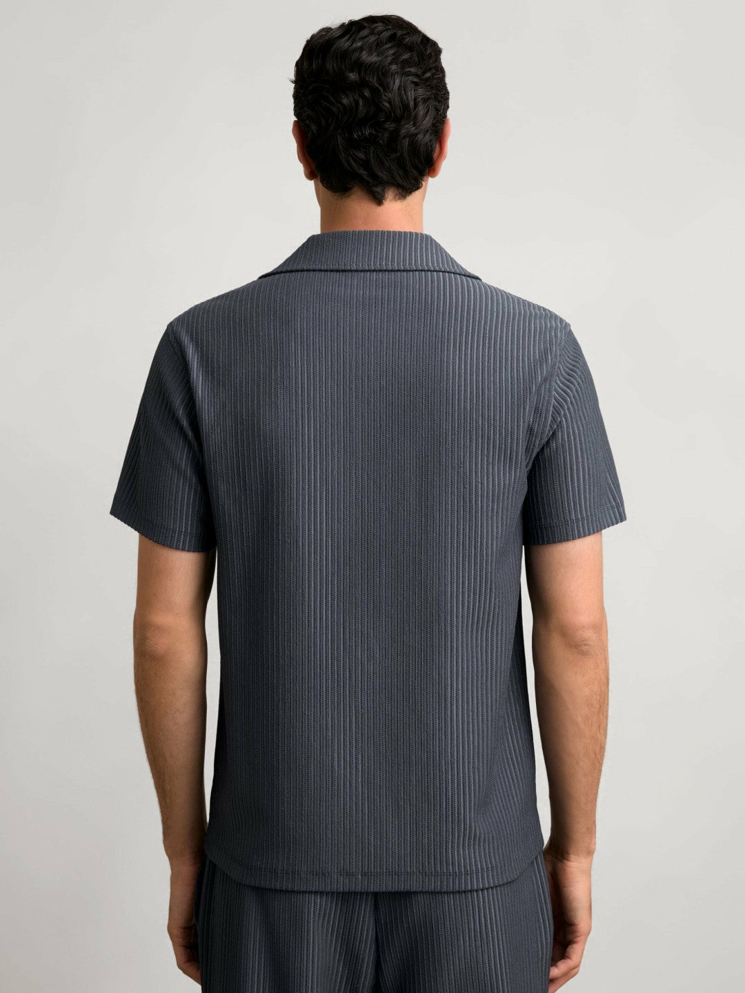 Textured-Stripe Cuban-Collar Shirt in Petrol Blue | Reiss Men Signature