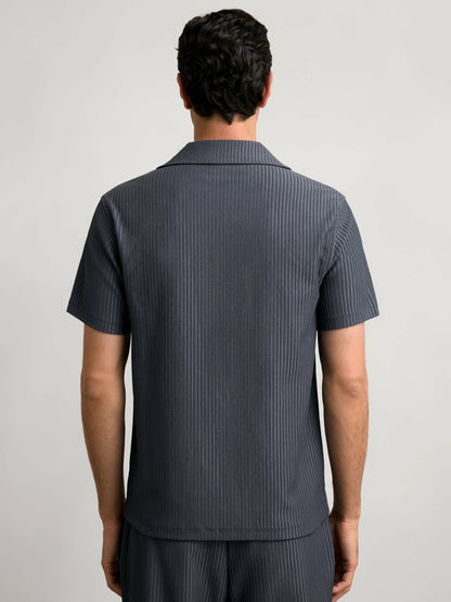Textured-Stripe Cuban-Collar Shirt in Petrol Blue | Reiss Men Signature
