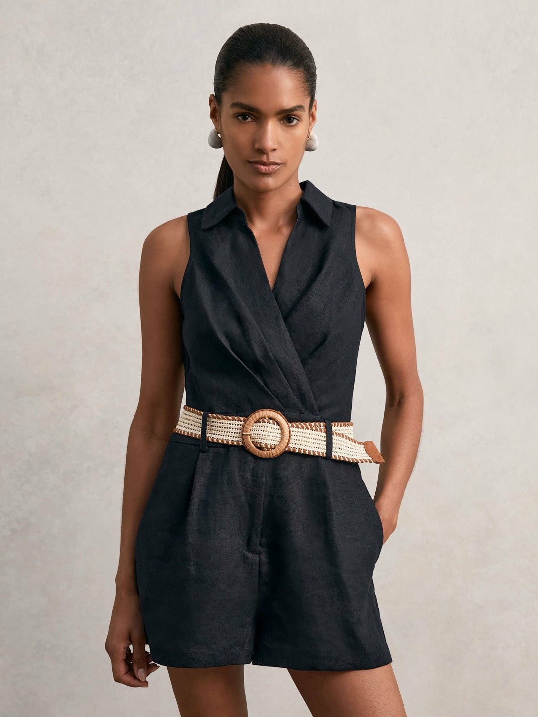 Linen Belted Sleeveless Wrap Playsuit in Navy | Reiss Women Exclusive