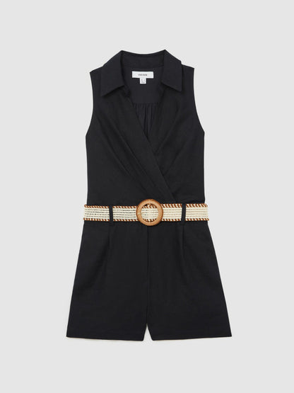 Linen Belted Sleeveless Wrap Playsuit in Navy | Reiss Women Exclusive