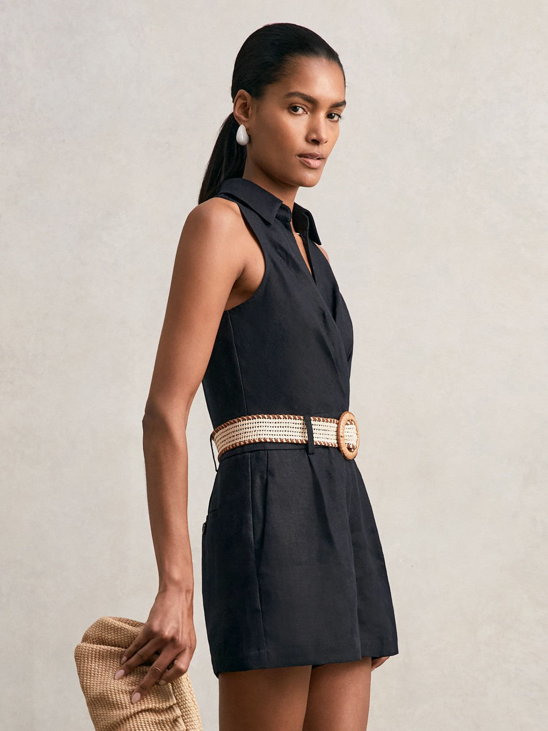 Linen Belted Sleeveless Wrap Playsuit in Navy | Reiss Women Exclusive