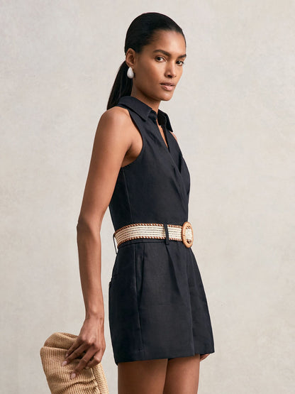 Linen Belted Sleeveless Wrap Playsuit in Navy | Reiss Women Exclusive