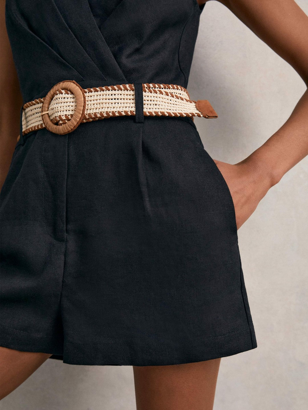 Linen Belted Sleeveless Wrap Playsuit in Navy | Reiss Women Exclusive