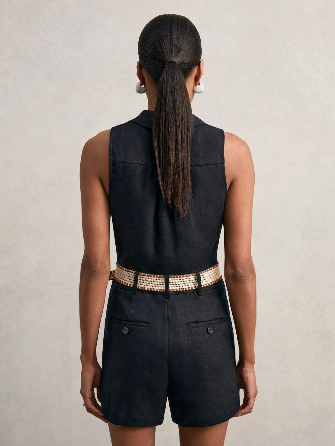 Linen Belted Sleeveless Wrap Playsuit in Navy | Reiss Women Exclusive