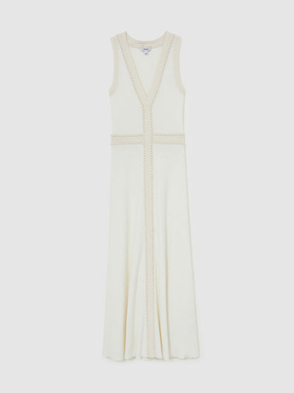 Craft-Stitch Knitted Midi Dress in Ivory | Reiss Women Exclusive