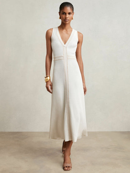 Craft-Stitch Knitted Midi Dress in Ivory | Reiss Women Exclusive