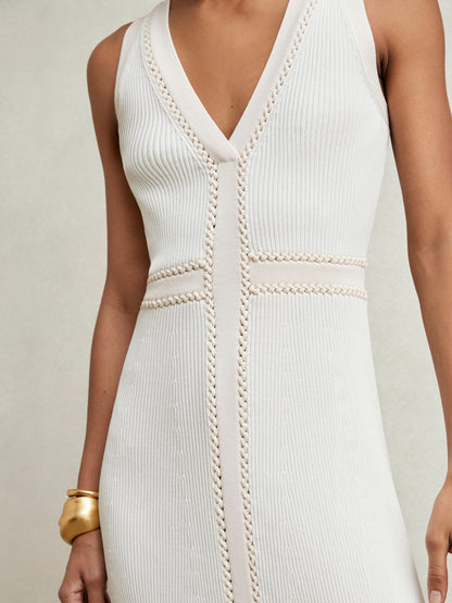 Craft-Stitch Knitted Midi Dress in Ivory | Reiss Women Exclusive