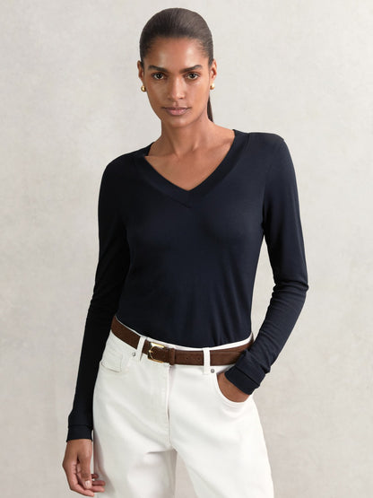 Jersey V-Neck Top in Navy | Reiss Women Recommended