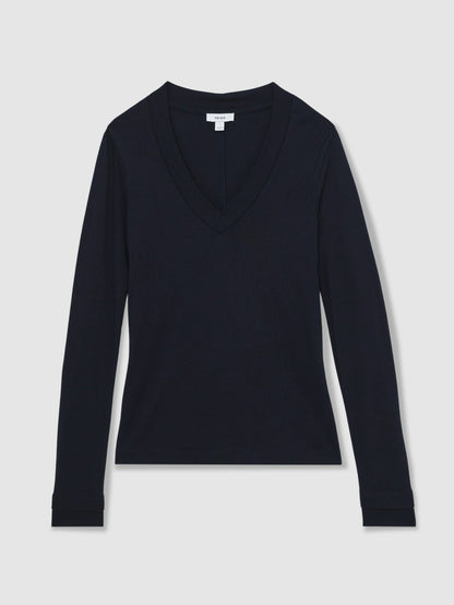 Jersey V-Neck Top in Navy | Reiss Women Recommended